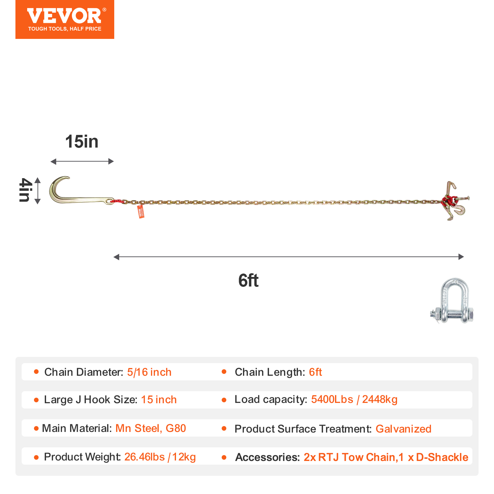 VEVOR 3/8" 5/16" Tow Chain J Hook G80 2ft, 3ft, 6ft V-Chain Wrecker Grab Hooks - Picture 21 of 74