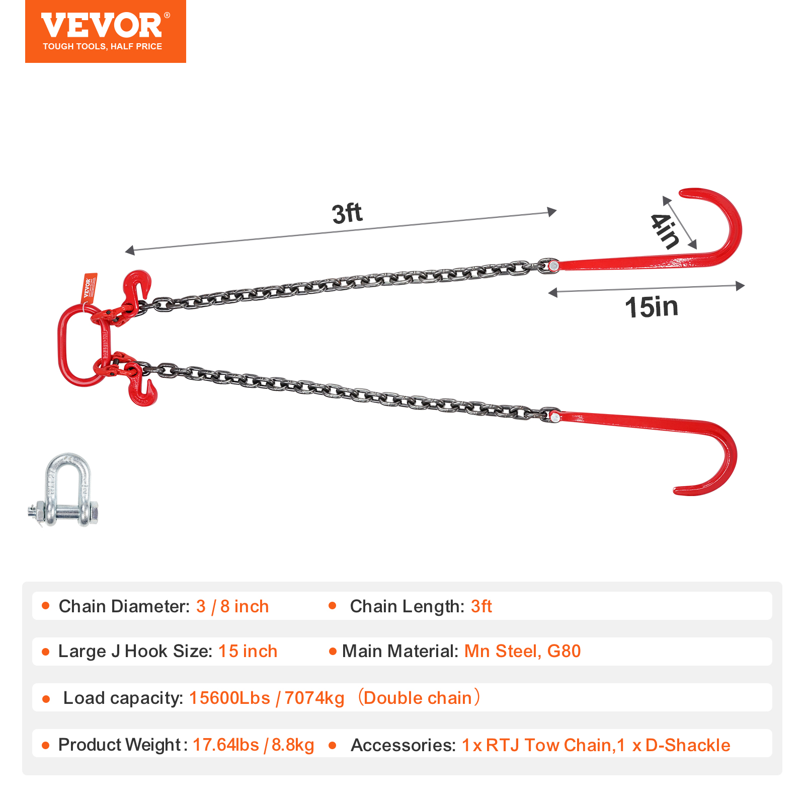 VEVOR 3/8" 5/16" Tow Chain J Hook G80 2ft, 3ft, 6ft V-Chain Wrecker Grab Hooks - Picture 33 of 74