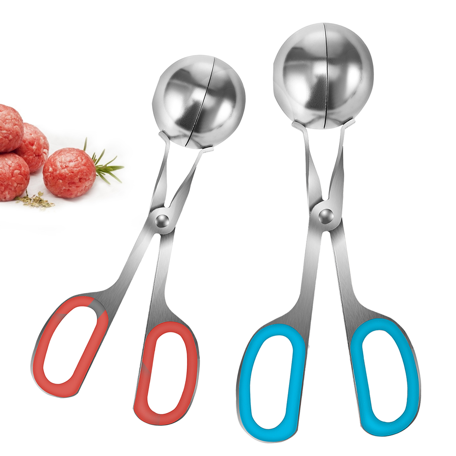VEVOR Meatball Maker Tongs, 2 PCS per Pack, 1.5 & 2.2 Meat Baller Scoops,  Stainless Steel Cake Pop Scoop Ball Maker with Red & Blue Rubber Handles,  Meatball Tongs for Meat Fruits