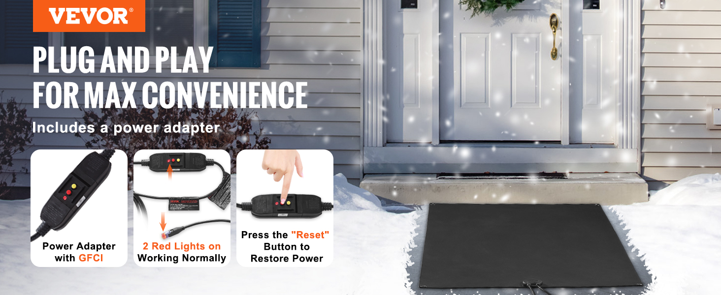 VEVOR Heated Snow Melting Mat, 20x60'' Non-Slip Electric Heated Outdoor Mats, Rubber Snow and Ice Heated Pad with Power Cord & Graphene Heating, for