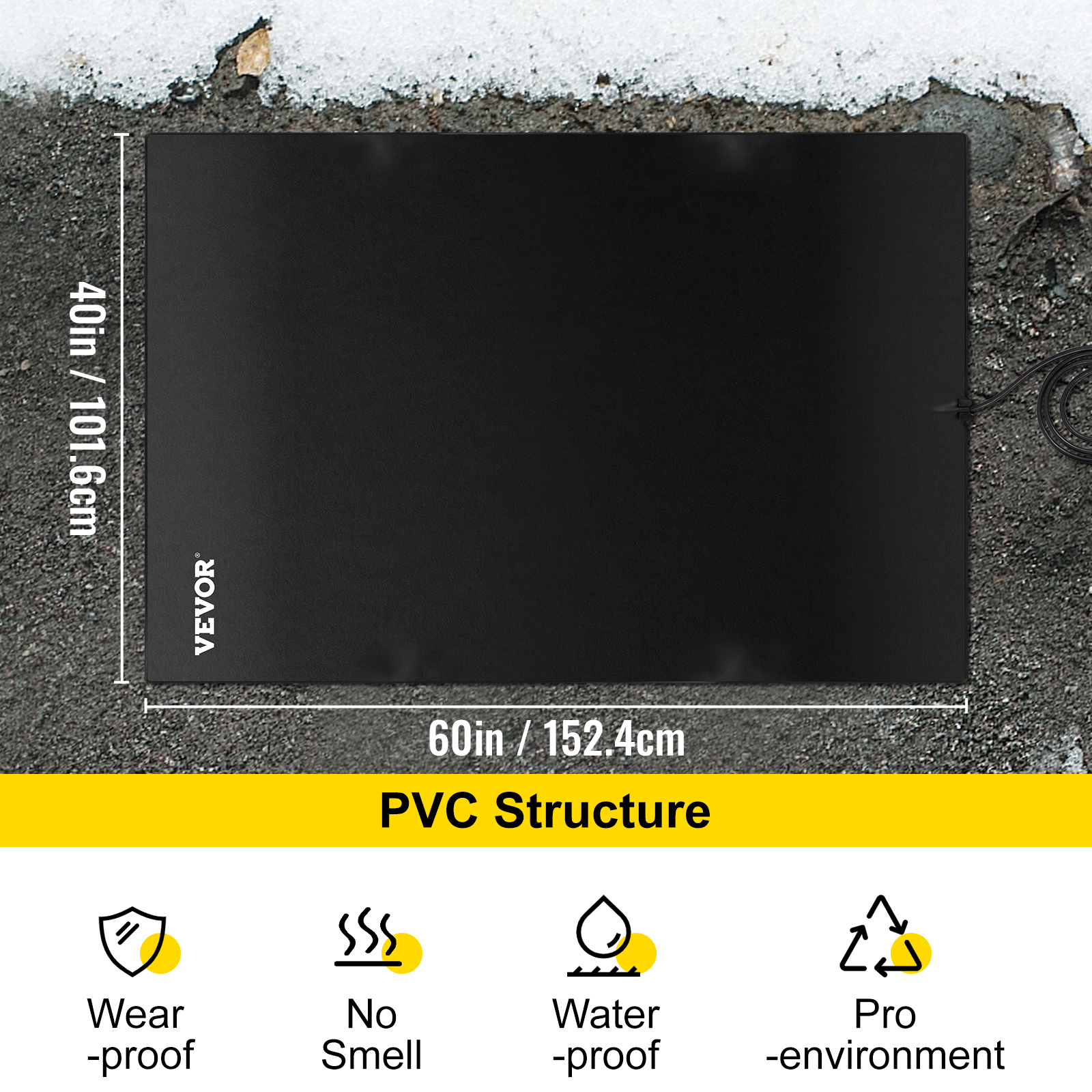 VEVOR Snow Melting Mat, 40in x 60in Heated Walkway Mat, 110V Snow and Ice Melting Mat, PVC Heated Mat with 6ft Power Cord, Slip-Proof, Ideal Winter Outdoor Snow Mat, 2'' per Hour Melting Speed
