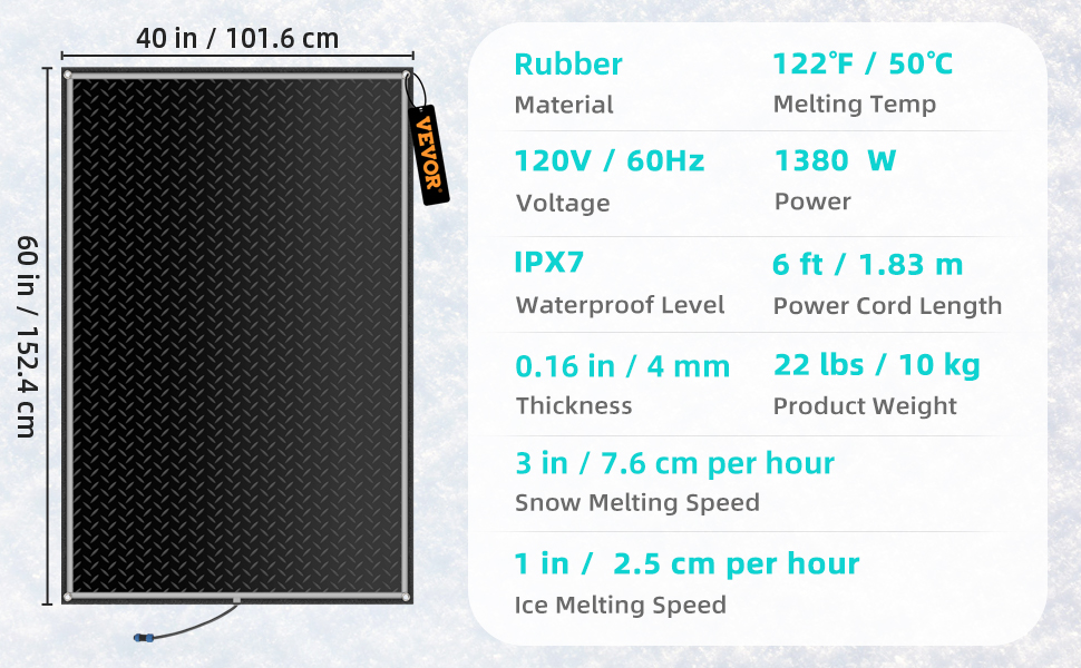 VEVOR Snow Melting Mat, 2ft x 5ft Heated Walkway Mat, 110V Snow and Ice  Melting Mat