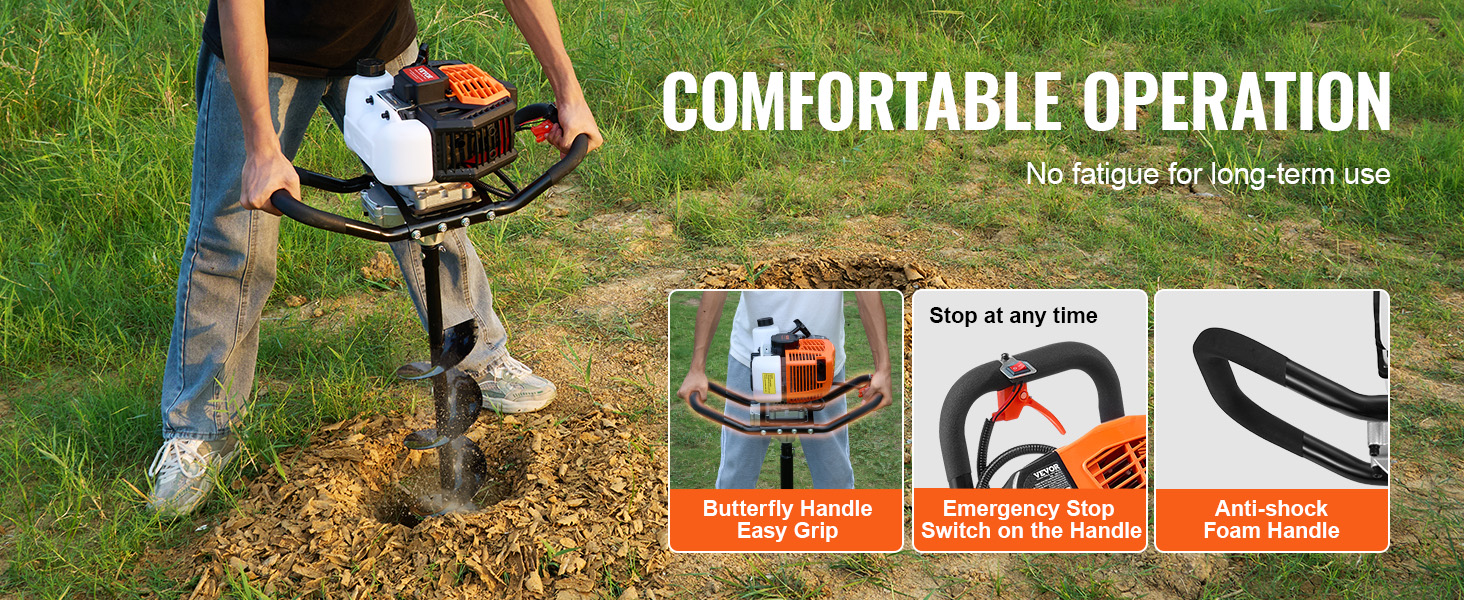 VEVOR Gas Post Hole Digger 52CC 1450W with 6” & 10” Drill Bits &3 ...