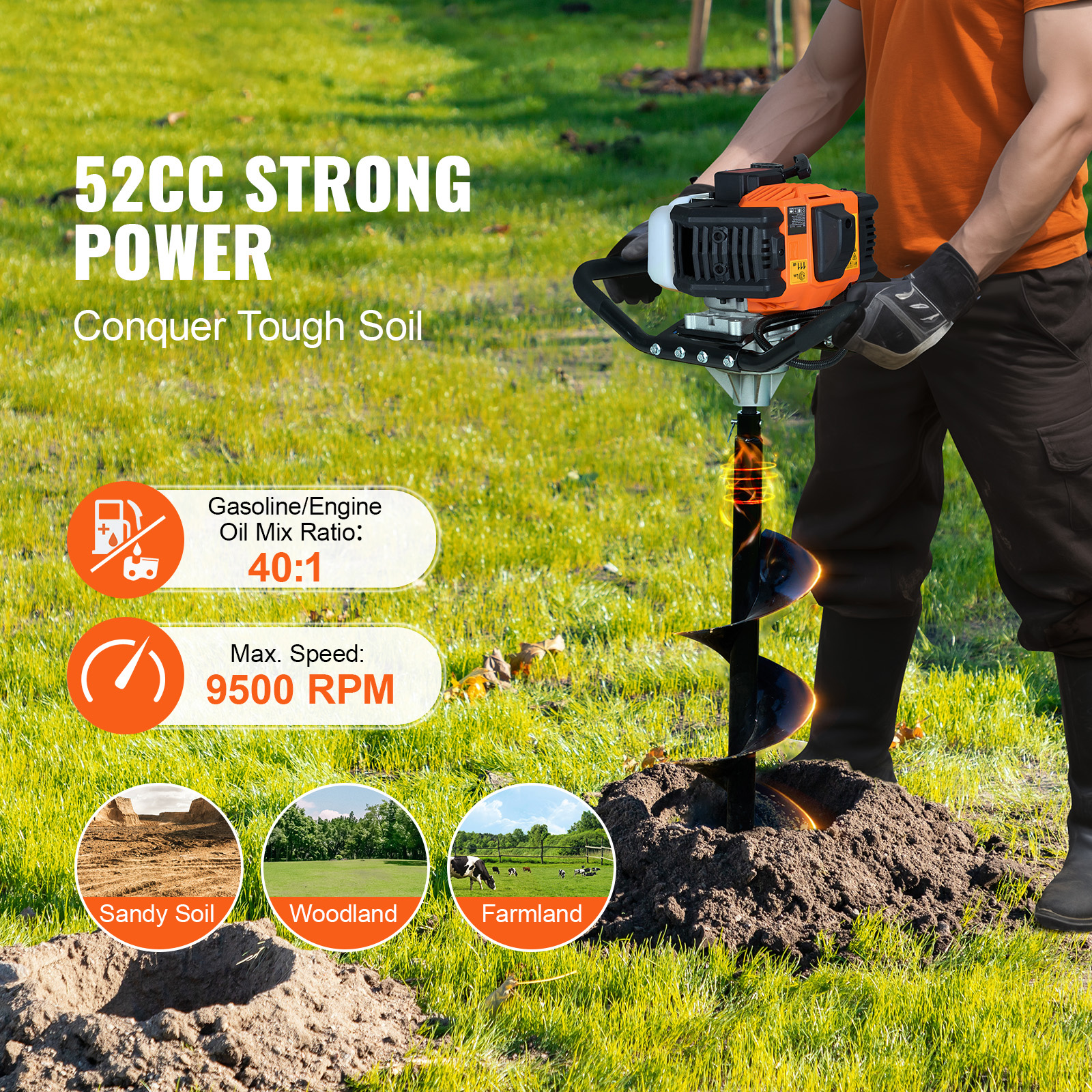 VEVOR Gas Post Hole Digger 52CC 1450W with 8” Drill Bits & 1 Extension Rod - Picture 2 of 12