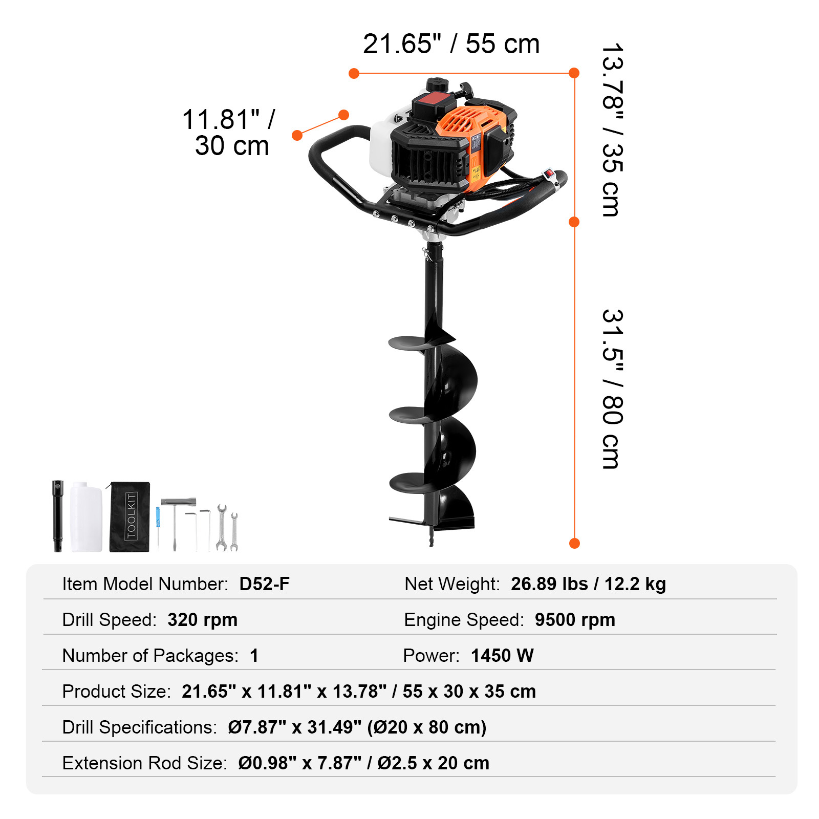 VEVOR Gas Post Hole Digger 52CC 1450W with 8” Drill Bits & 1 Extension Rod - Picture 7 of 12