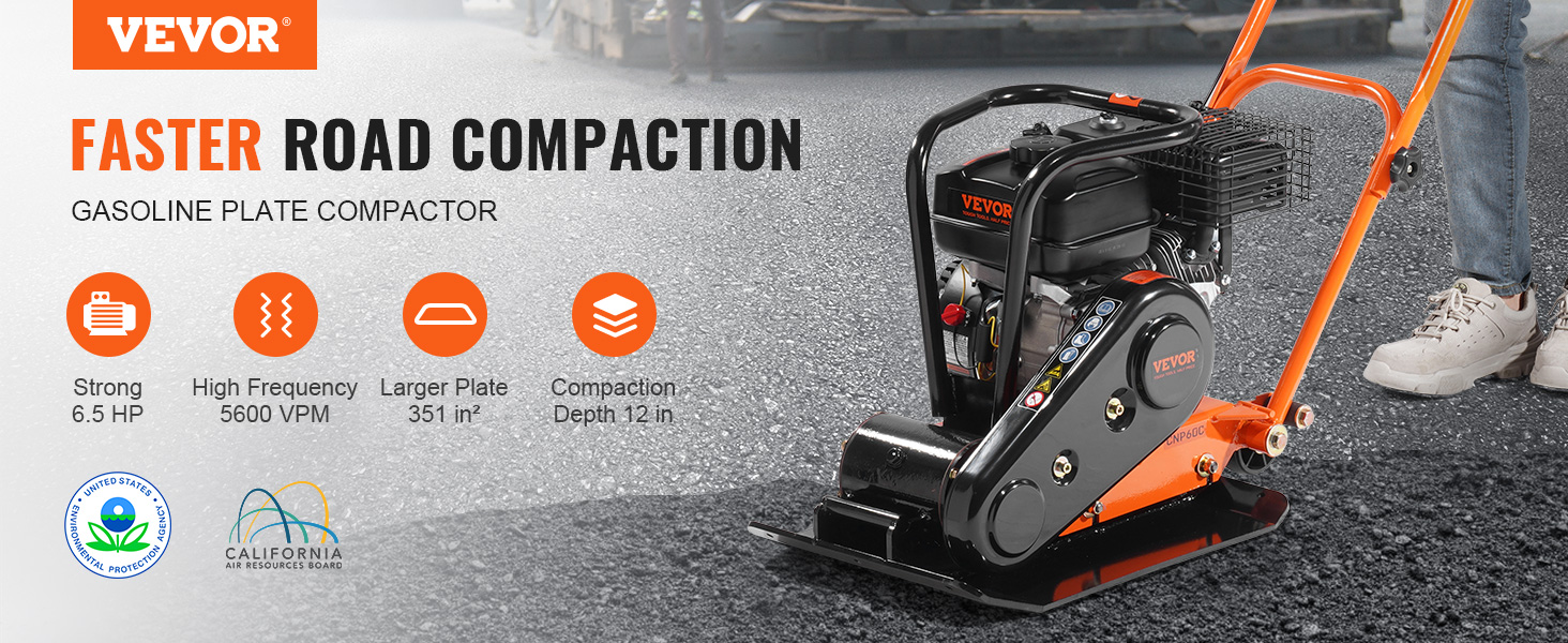 VEVOR Plate Compactor,2.8HP 78.5cc Gas Engine, 5600VPM Force Vibratory  Compaction Tamper,1920LBS Compactor with 18.7 x 11.8 in Plate for