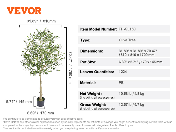 VEVOR Artificial Olive Tree, 6 FT Tall Faux Plant, Secure PE Material ...