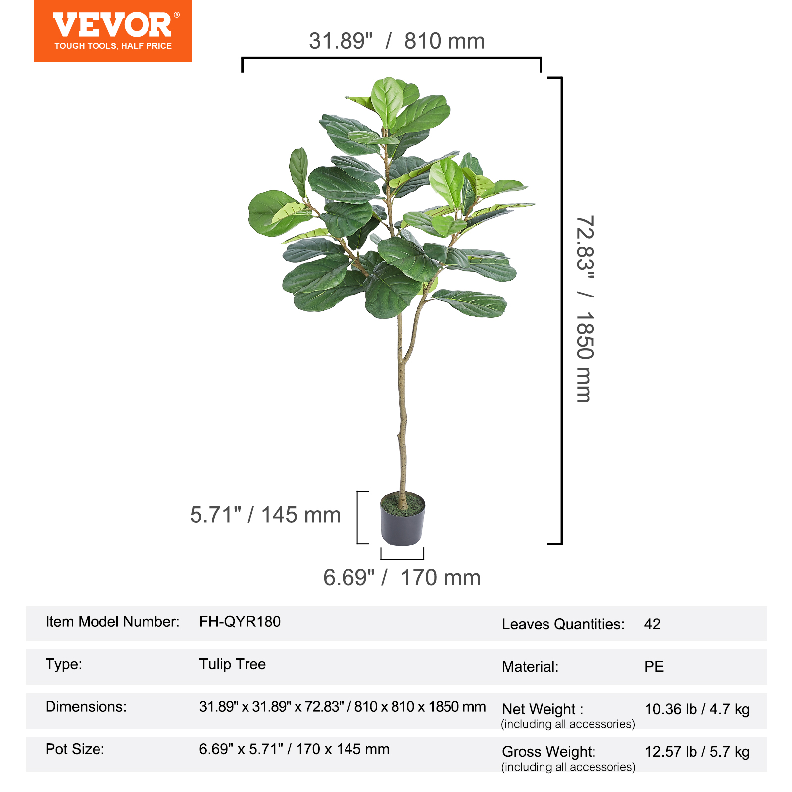 VEVOR 1.8m Artificial Fiddle Leaf Fig Tree Indoor Outdoor Office Decor - Picture 7 of 12