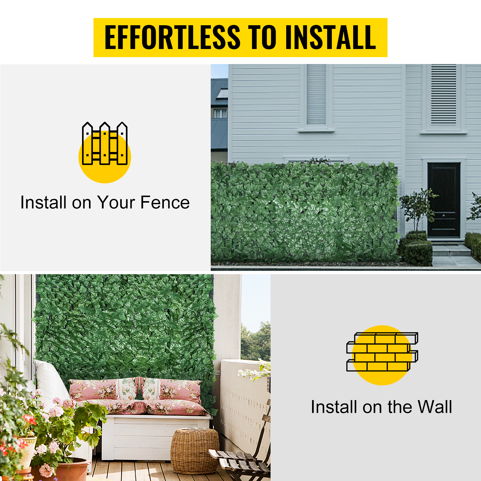 VEVOR Ivy Privacy Fence Screen, 39"x178" PP Faux Leaf Artificial Hedges, 3-Layers Indoor or Outdoor Greenery Leaves Panel, Multi-use for Garden, Yard, Decor, Balcony, Patio, Home, Green, 39 x 178 Inch