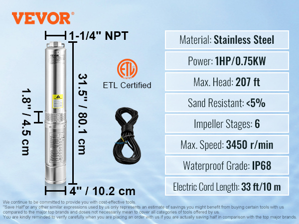 Deep well submersible pump,37GPM flow,207 ft head