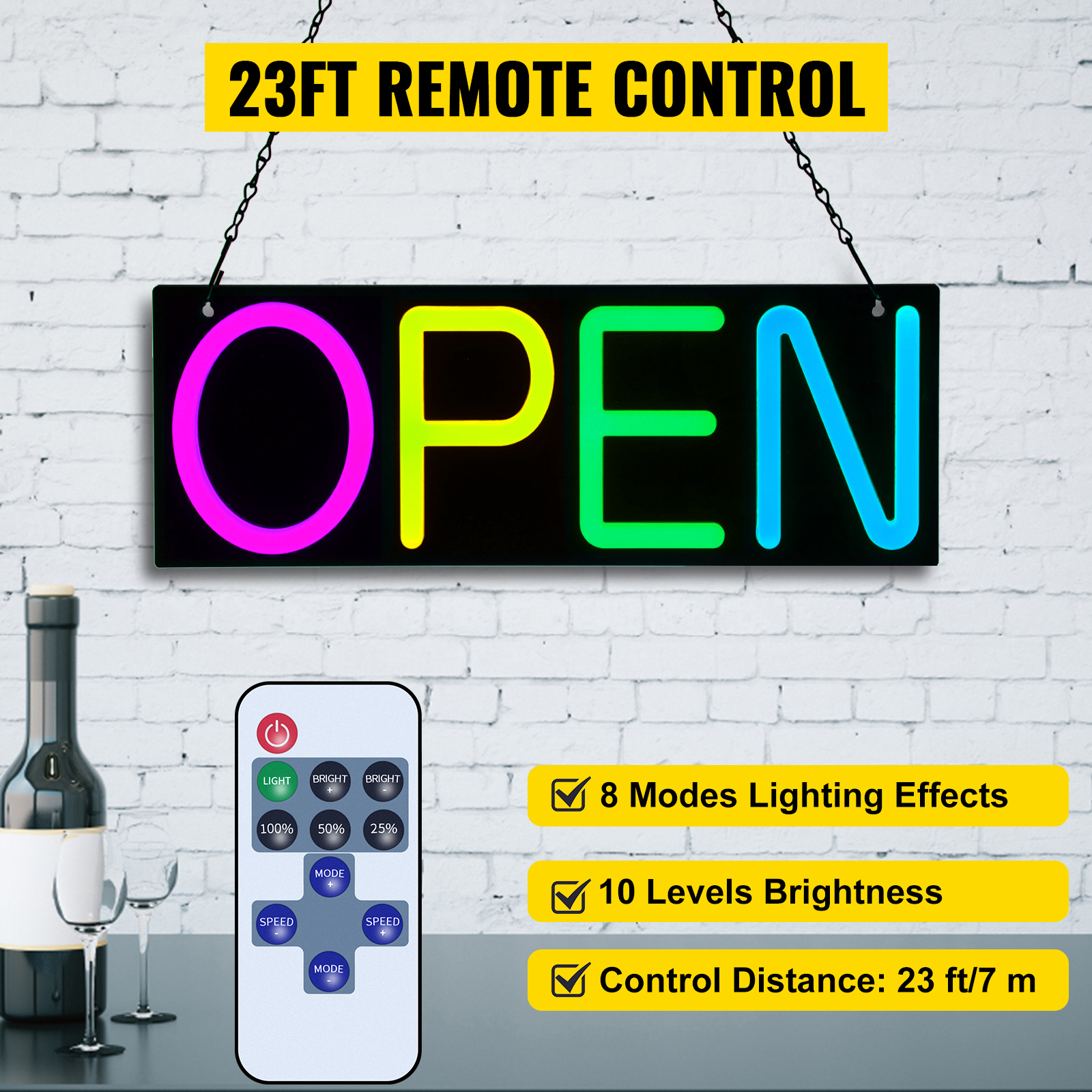 VEVOR LED Open Sign, 20" x 7" Neon Open Sign for Business, Adjustable Brightness Multi-Color Neon Lights Signs with Remote Control and Power Adapter, for Restaurant, Bar, Salon, Shop, Hotel, Window
