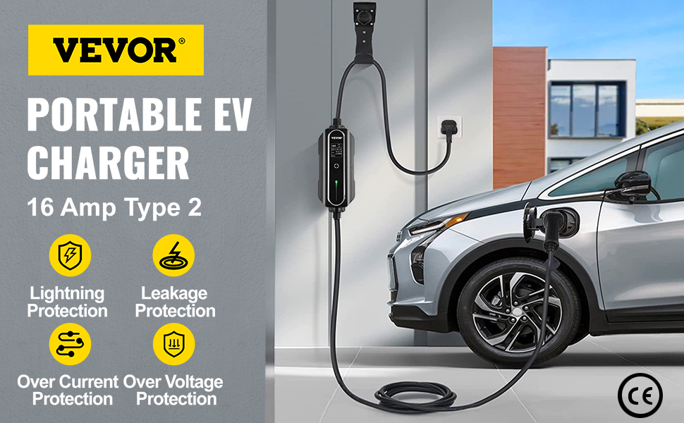 VEVOR VEVOR Portable EV Charger, Type 2 16A, Electric Vehicle Charger 7.5 M Charging  Cable with Schuko 2 Pin Plug, Digital Screen, 3.6 kW WaterProof IEC 62196-2  Home EV Charging Station with
