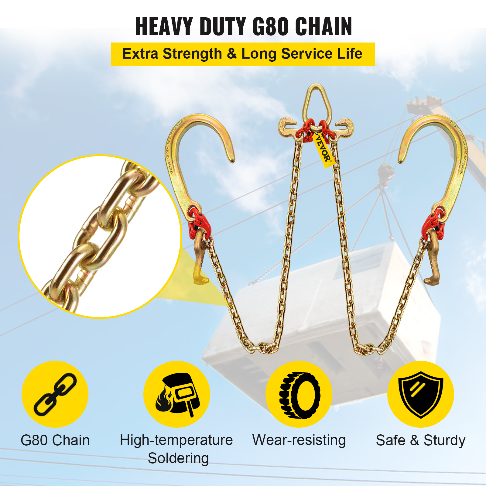 VEVOR 5/16"x2' Tow Chain J Hook G80 V-Chain Bridle w/ TJ/RJ Grabe Hook