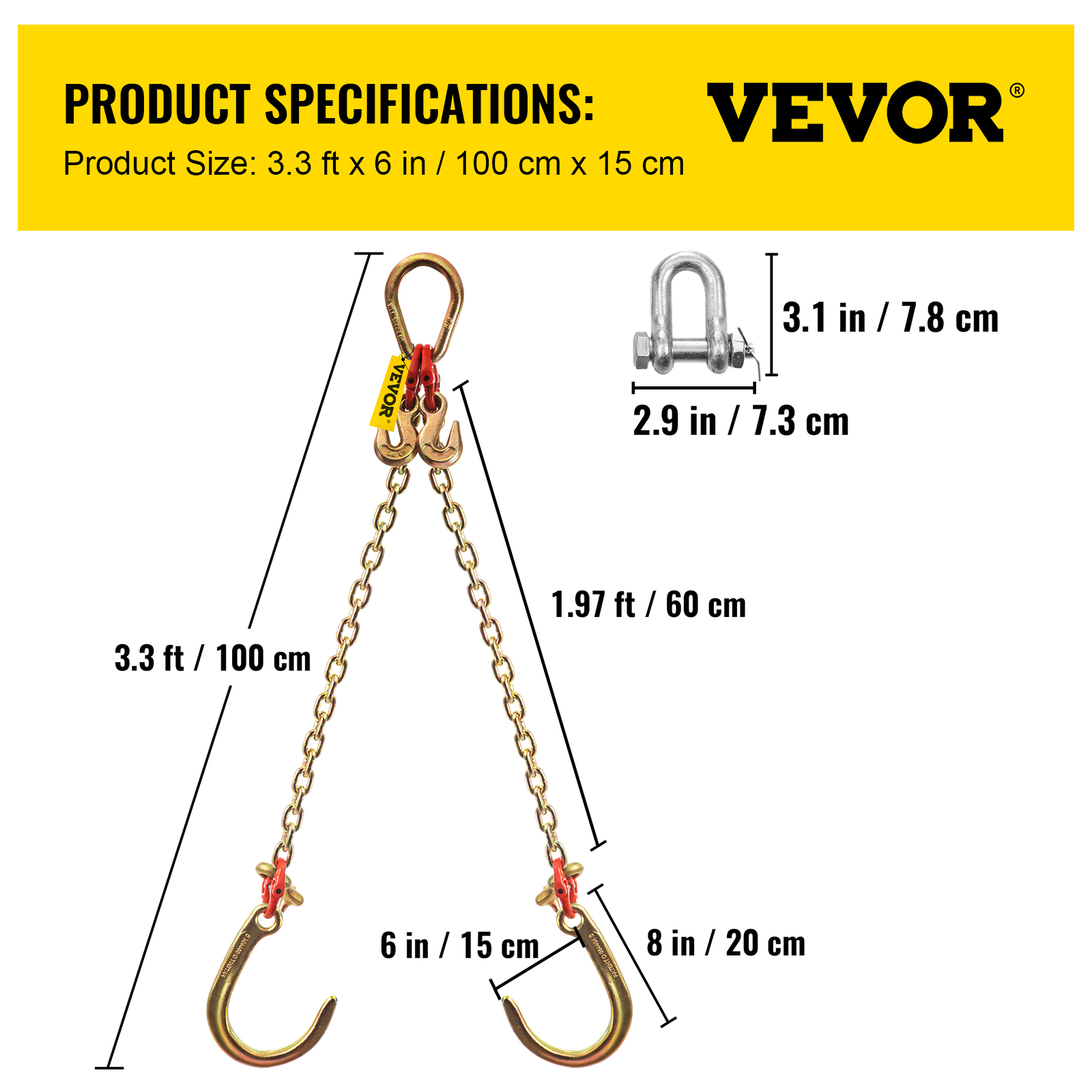 VEVOR 5/16"x2' Tow Chain J Hook G80 V-Chain Bridle w/ TJ/RJ Grabe Hook