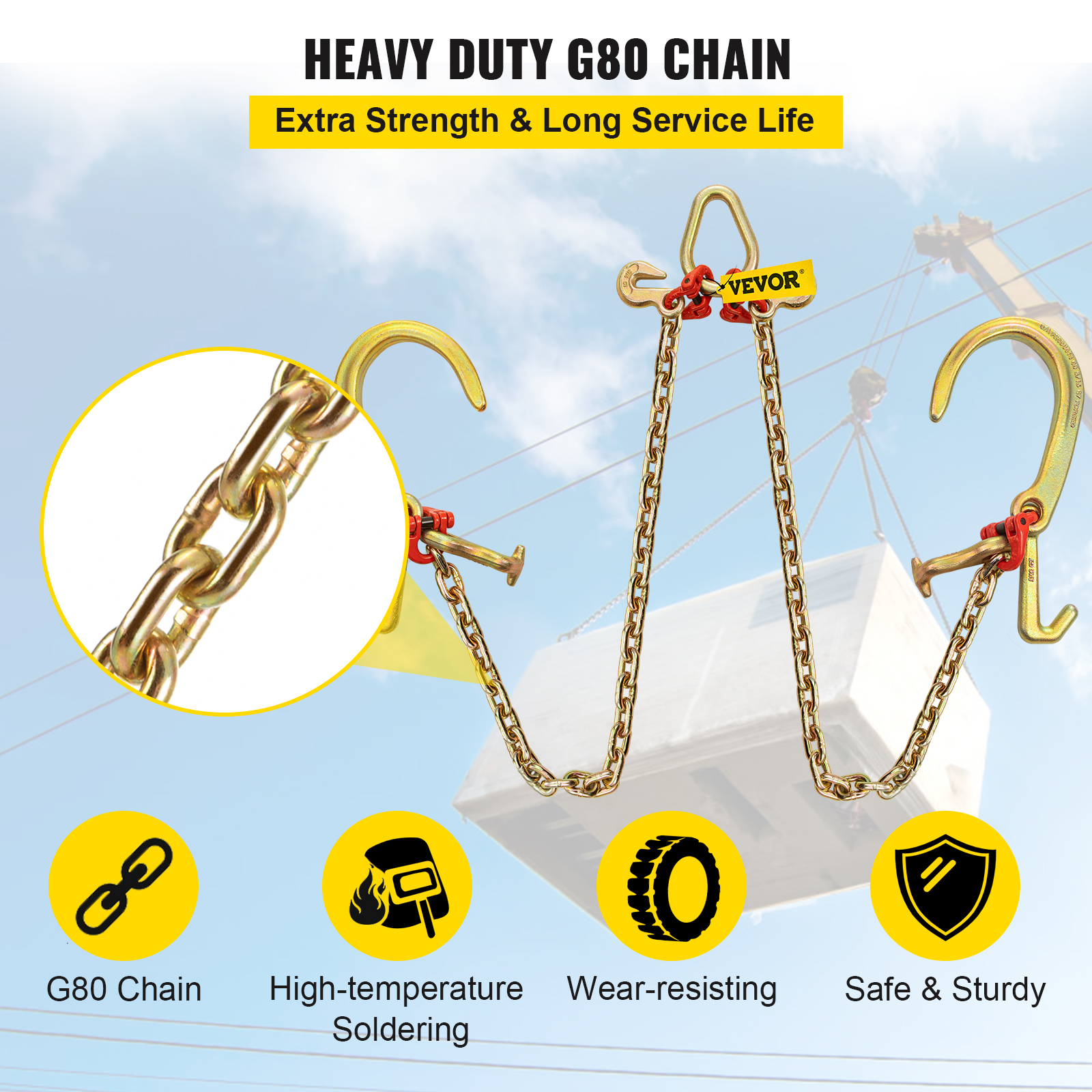 VEVOR 5/16"x2' Tow Chain J Hook G80 V-Chain Bridle w/ TJ/RJ Grabe Hook