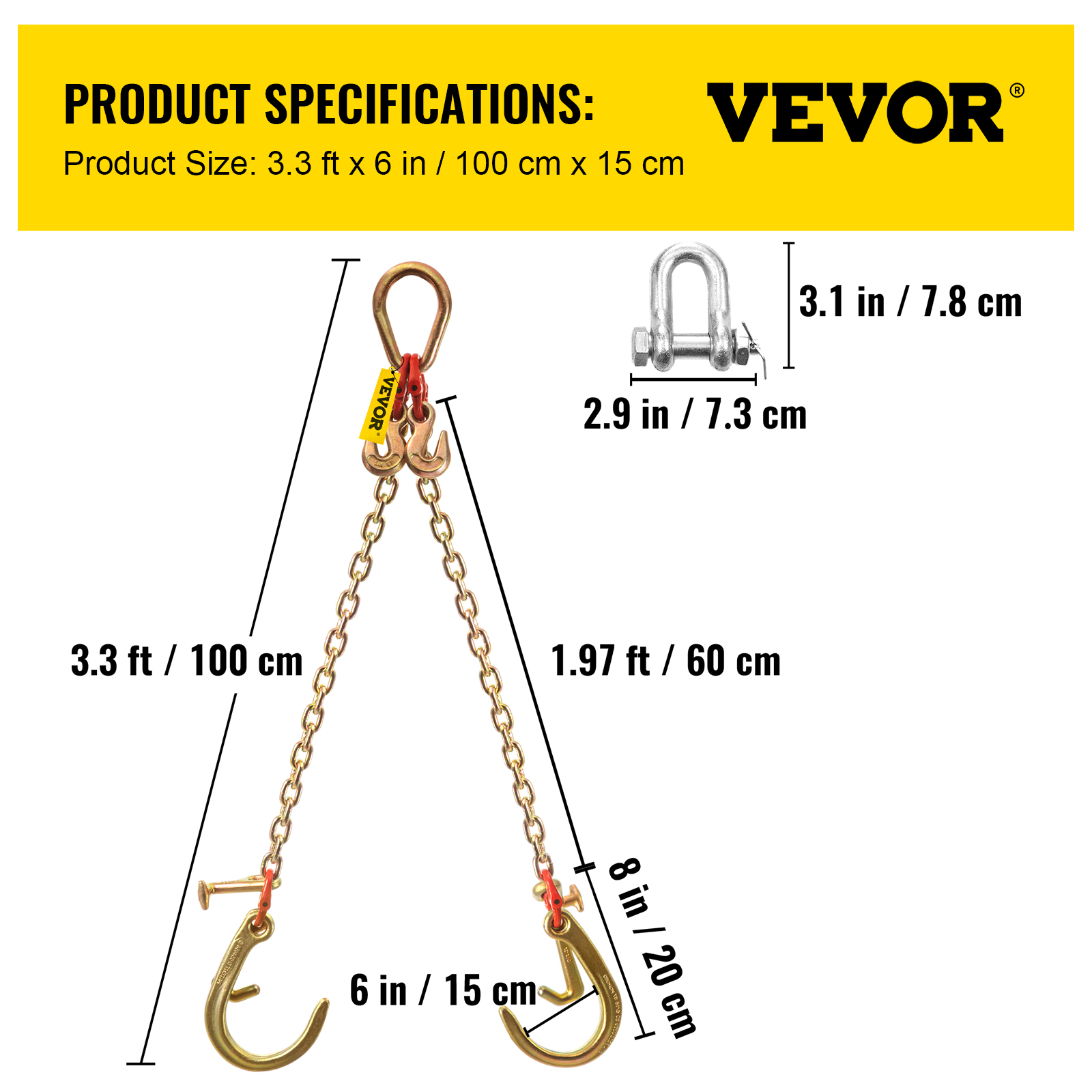 VEVOR 5/16"x2' Tow Chain J Hook G80 V-Chain Bridle w/ TJ/RJ Grabe Hook