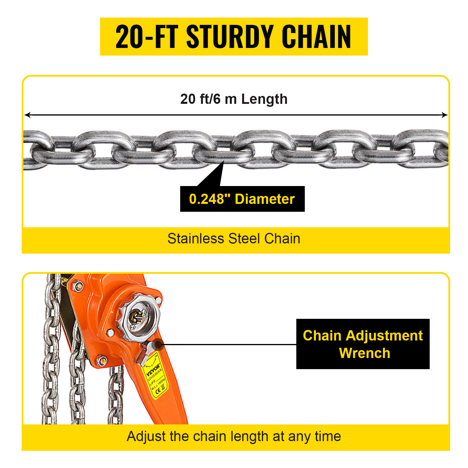 550Lbs 20Ft Lever Hoist Chain Hoist Yellow Heavy Duty 6m Power Plants 