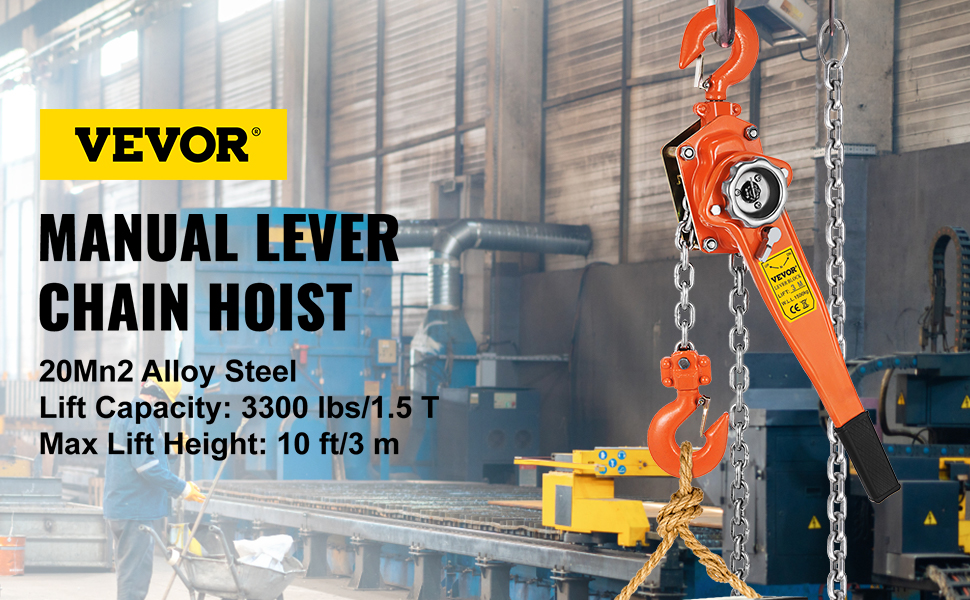 VEVOR Lever Chain Hoist, 1.5Ton 3300lbs Capacity Ratchet Puller with 10FT  Max. Lifting Height, Come Along 2 Heavy Duty Steel Hooks, Manual Handling 