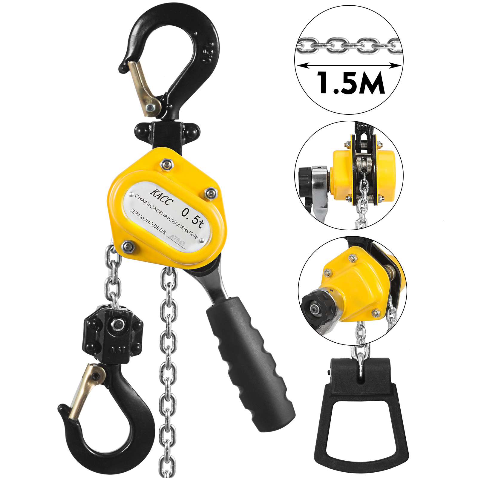 Lever Chain Hoist 1/2 Ton 1100 Lbs Capacity 2 Heavy Duty Hooks Chain Come  Along