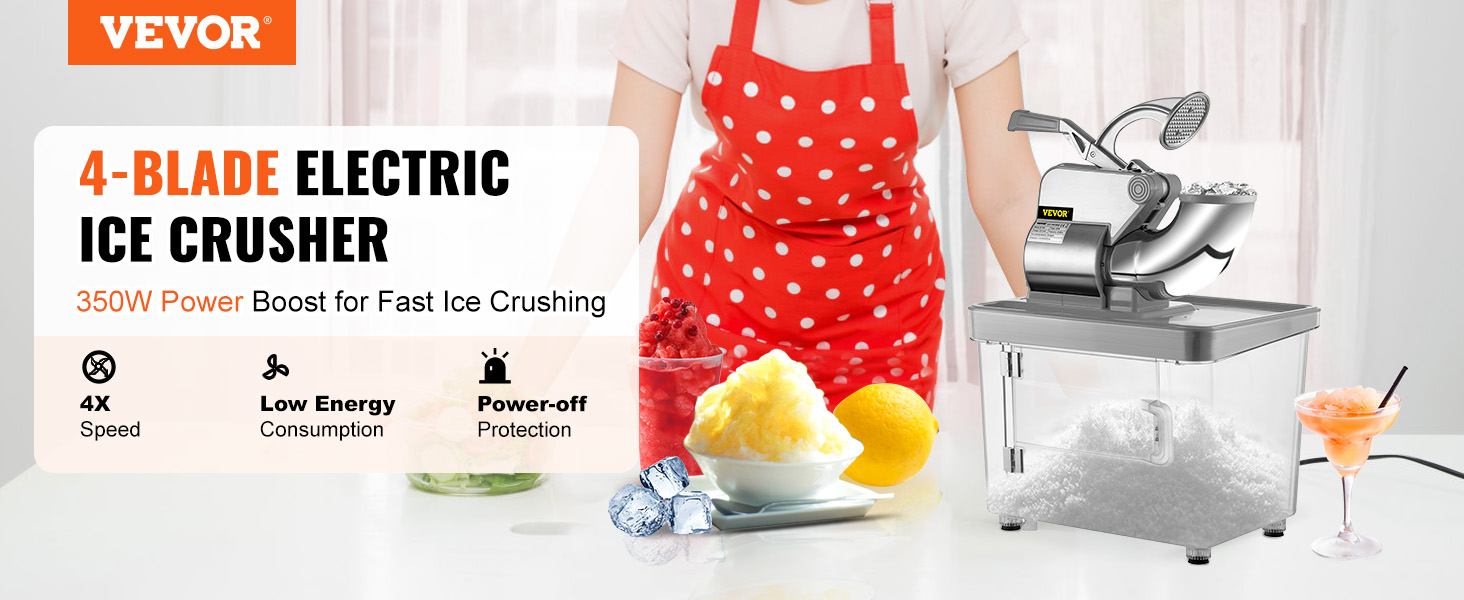 VEVOR Ice Crushers Machine 220lbs per Hour Electric Snow Cone Maker with 4 Blades Stainless Steel Shaved Ice Machine with Cover and Bowl 300W Ice