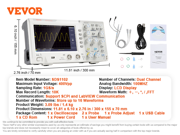 Oscilloscope Numérique 1013D - Double Canal 100 MHz - Échantillonnage 1 GSa/s - Écran Tactile 7 Pouces - Batterie Intégrée