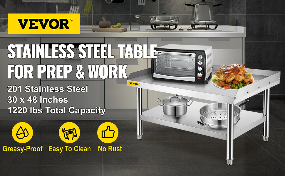 VEVOR Stainless Steel Table, 24 x 24 Inch, Heavy Duty Prep & Work Metal  Workbench with Adjustable Storage Under Shelf and Table Feet, Commercial Equipment  Stand for Hotel, Restaurant and Home Kitchen 