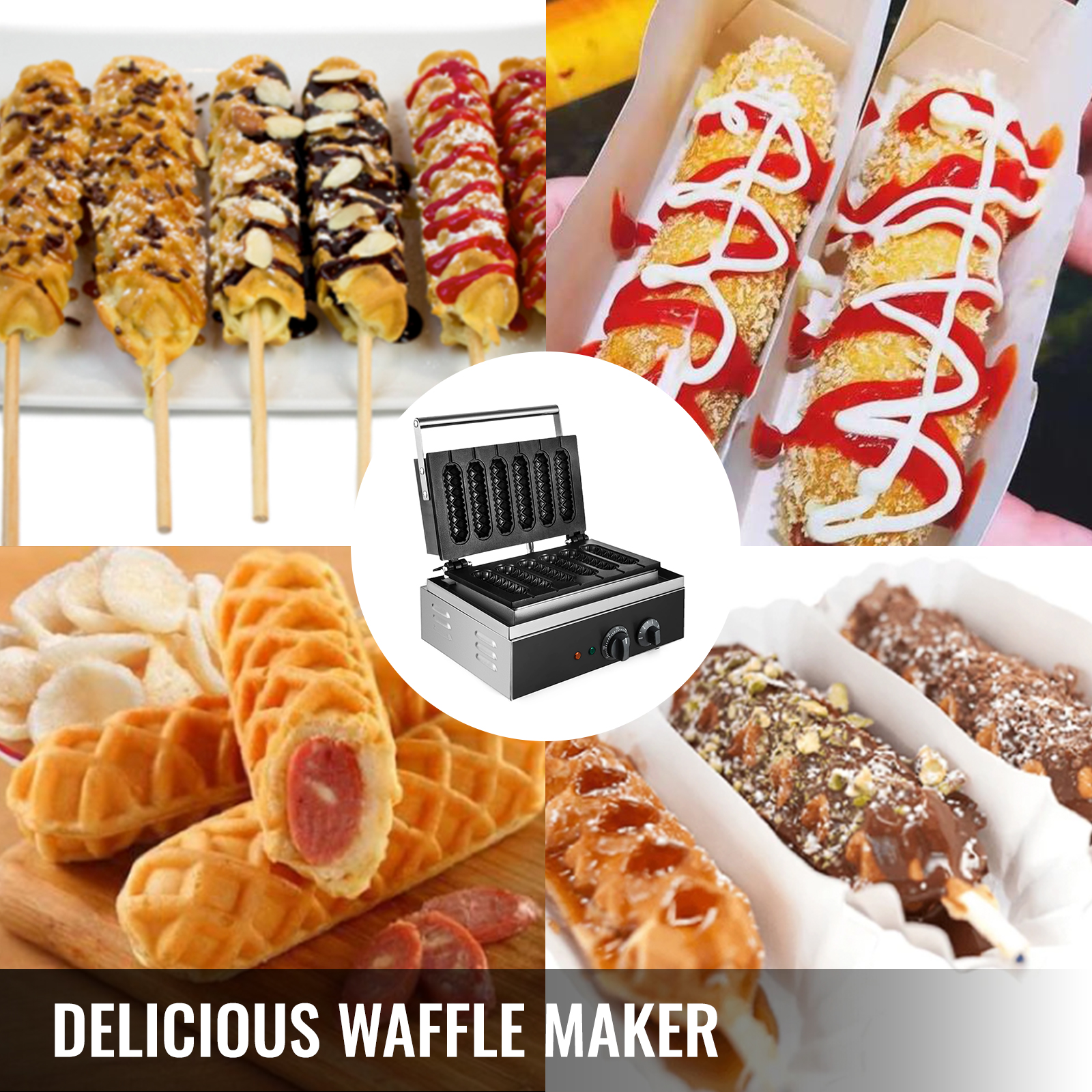 Commercial Nonstick Electric 6pc Lolly Waffle Dog on A Stick Maker Baker Machine 