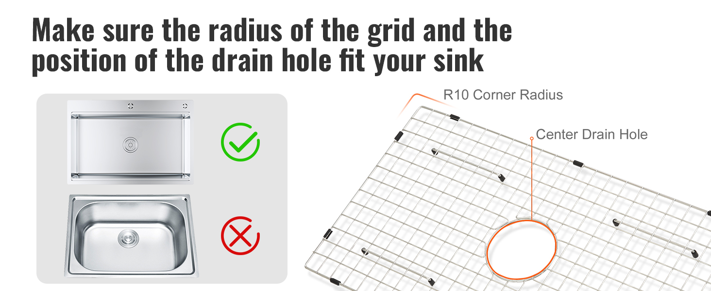 VEVOR Sink Protector Grid 28.5x15.6 Stainless Steel Sink Grates Centered Drain Sink Grates with R20 Corner Radius Large Sink Bottom Grids