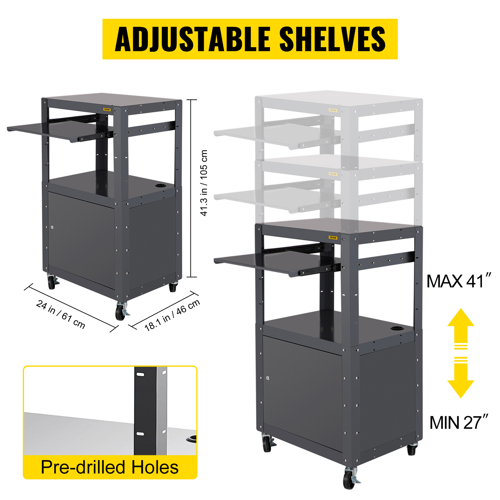 VEVOR Steel AV Cart, 2741" Height Adjustable, Media Cart with Keyboard
