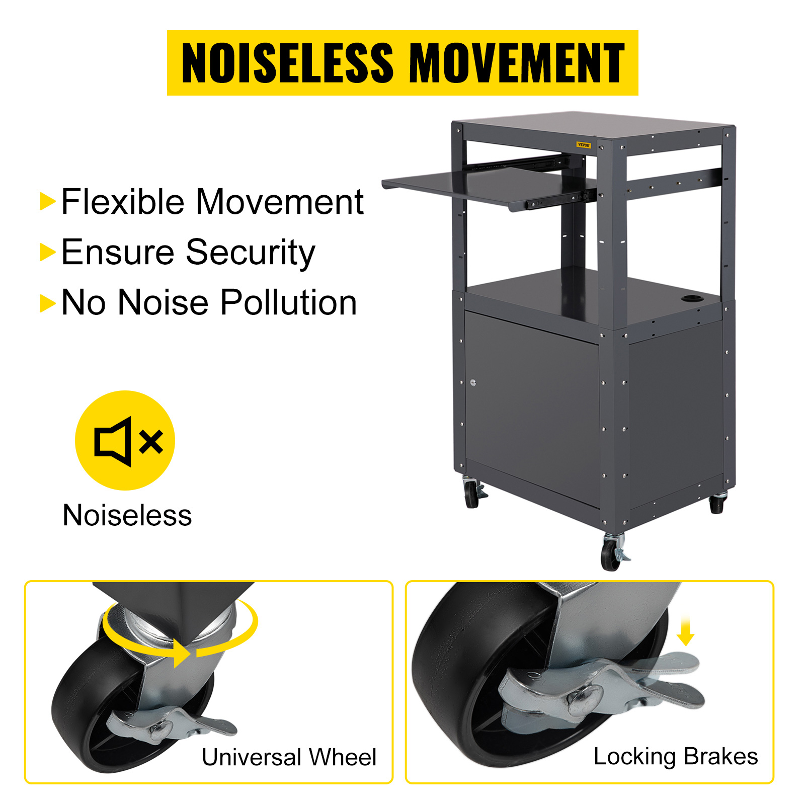 VEVOR Steel AV Cart, 2741" Height Adjustable, Media Cart with Keyboard Tray and Locking