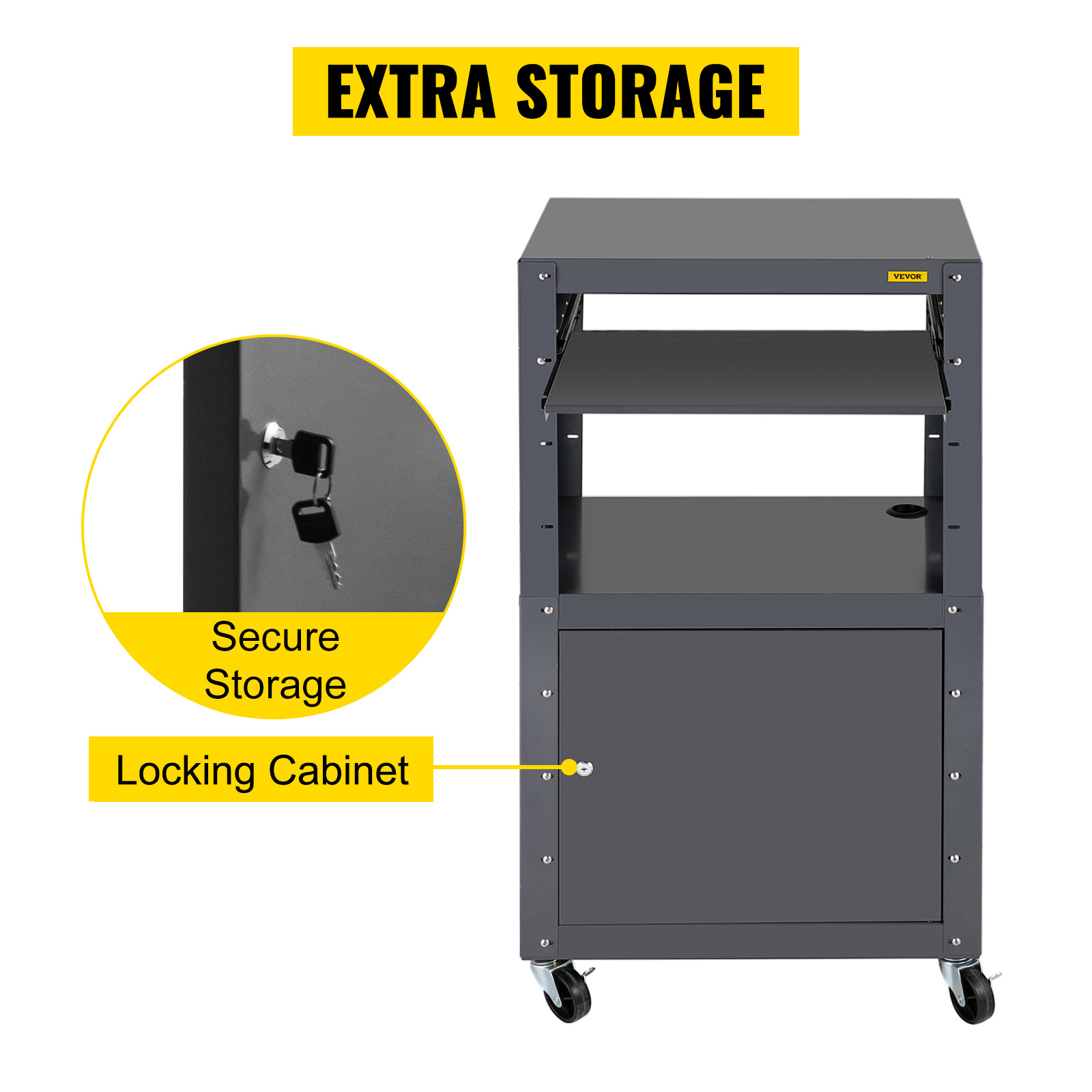 VEVOR Steel AV Cart, 2741" Height Adjustable, Media Cart with Keyboard Tray and Locking