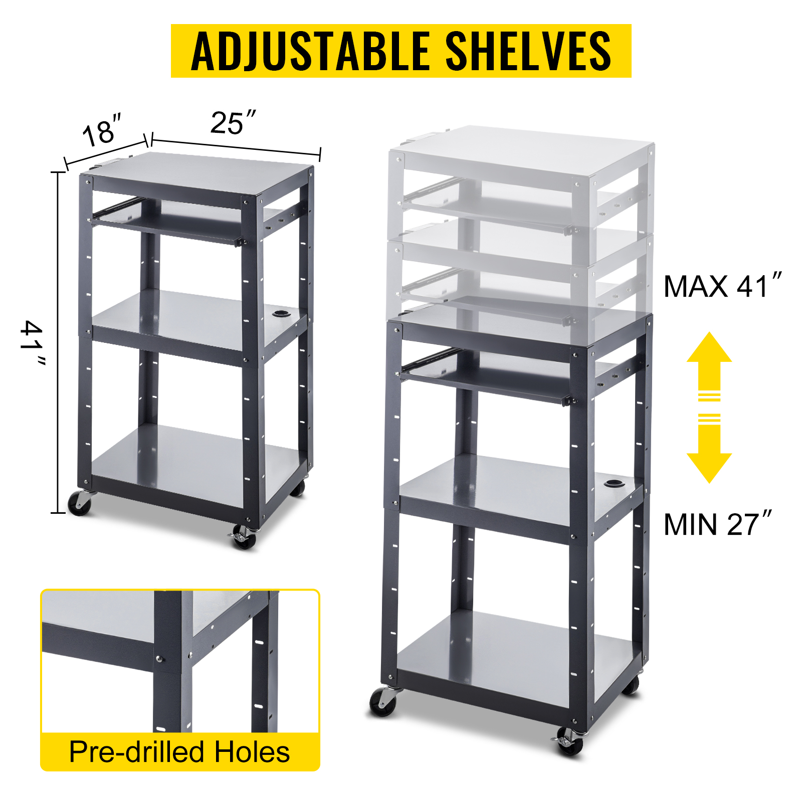 27-41 Height Adjustable Media Cart with 19 x 14 Retracting Keyboard Tray 24 x 18 Presentation Cart with 3 Shelves 150 lbs Weight Capacity Suitable for Office and School VEVOR Steel AV Cart 