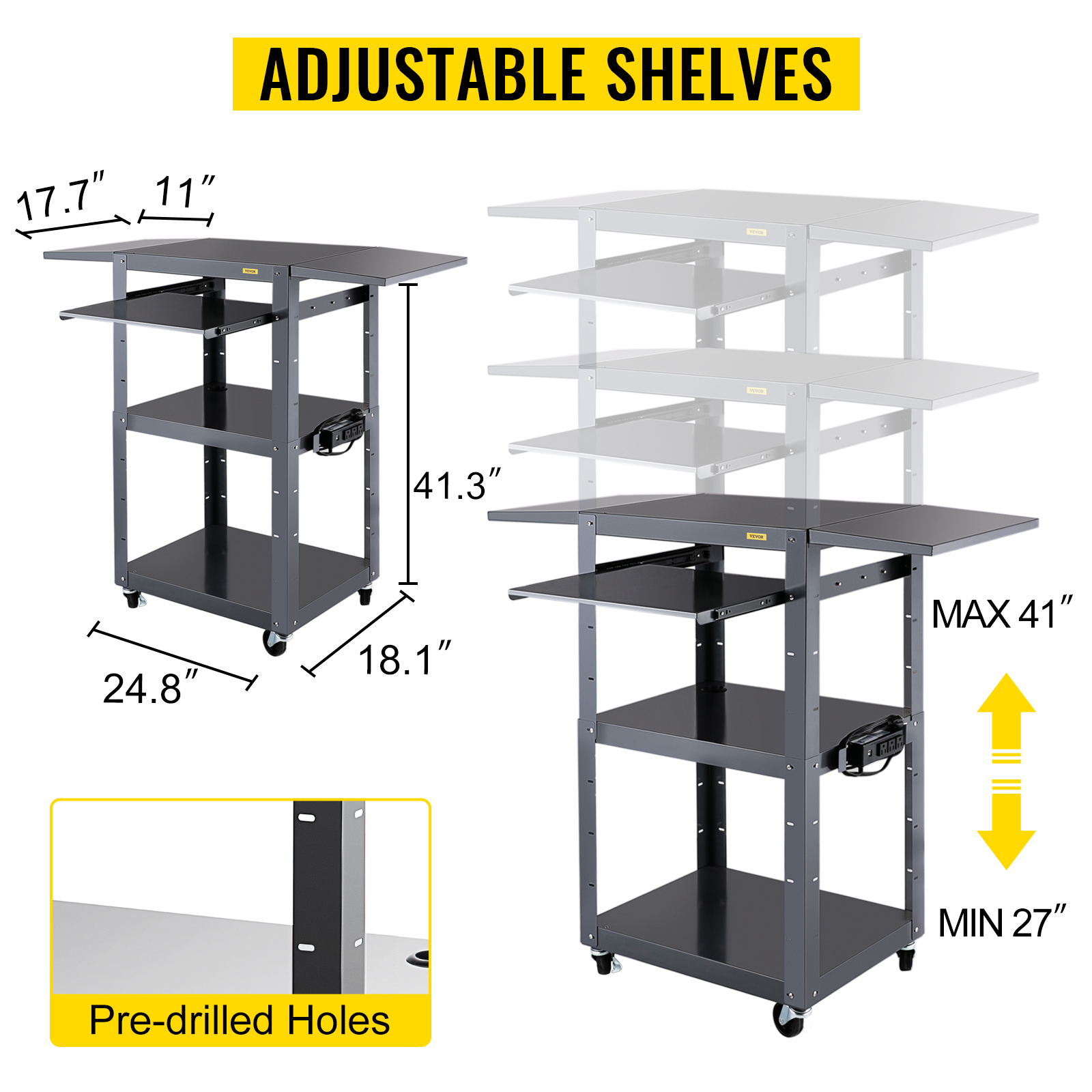 VEVOR AV Cart, 2741 Inch Height Media Cart with Power Strip, 25 x 18