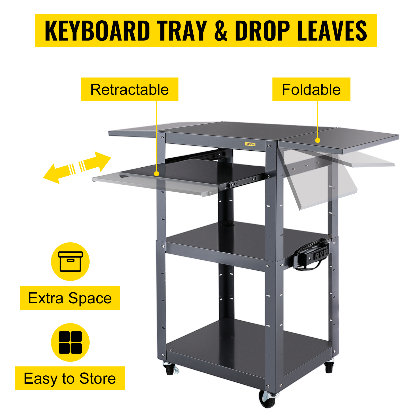 VEVOR AV Cart, 2741 Inch Height Media Cart with Power Strip, 25 x 18