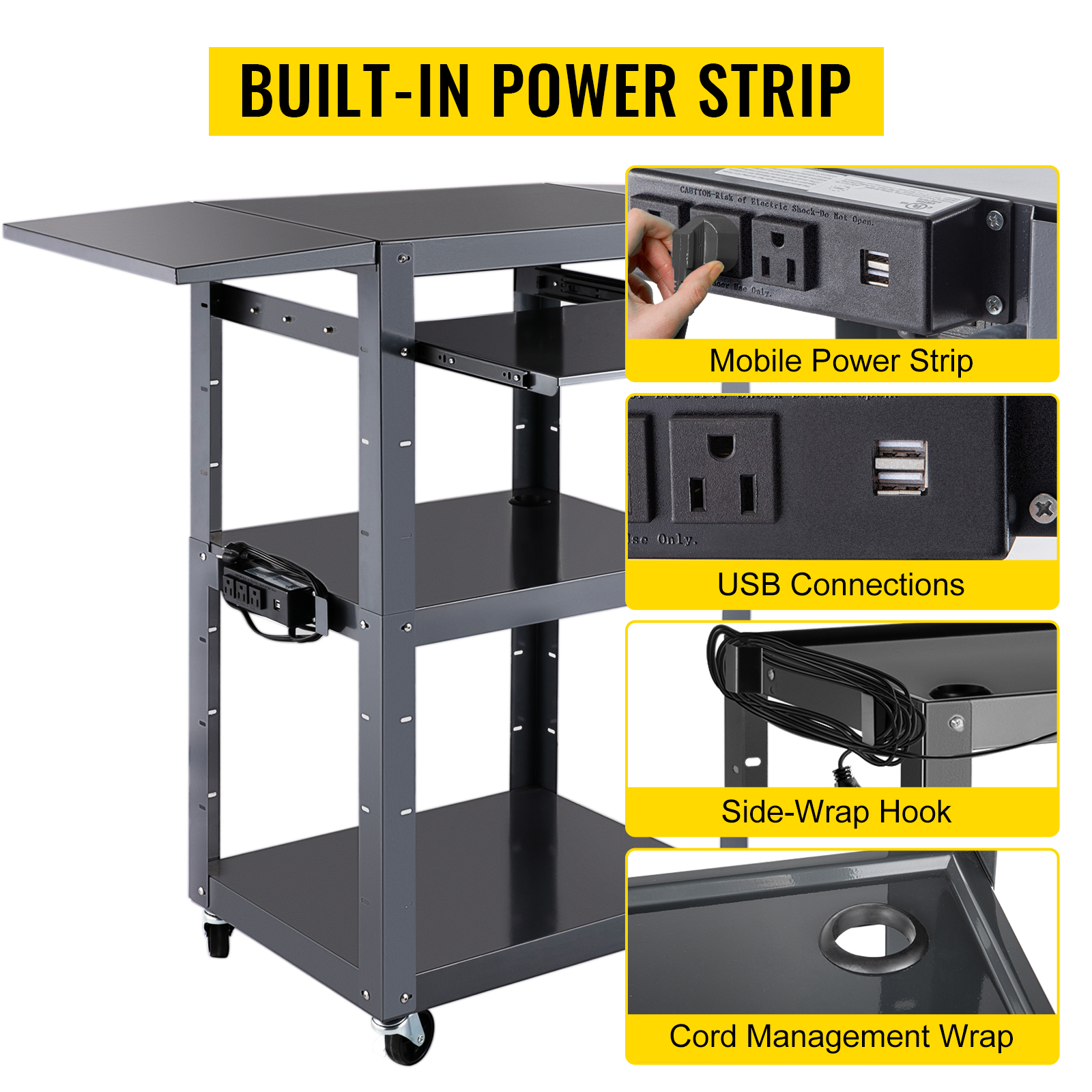 VEVOR AV Cart, 2741 Inch Height Media Cart with Power Strip, 25 x 18 Presentation Cart with