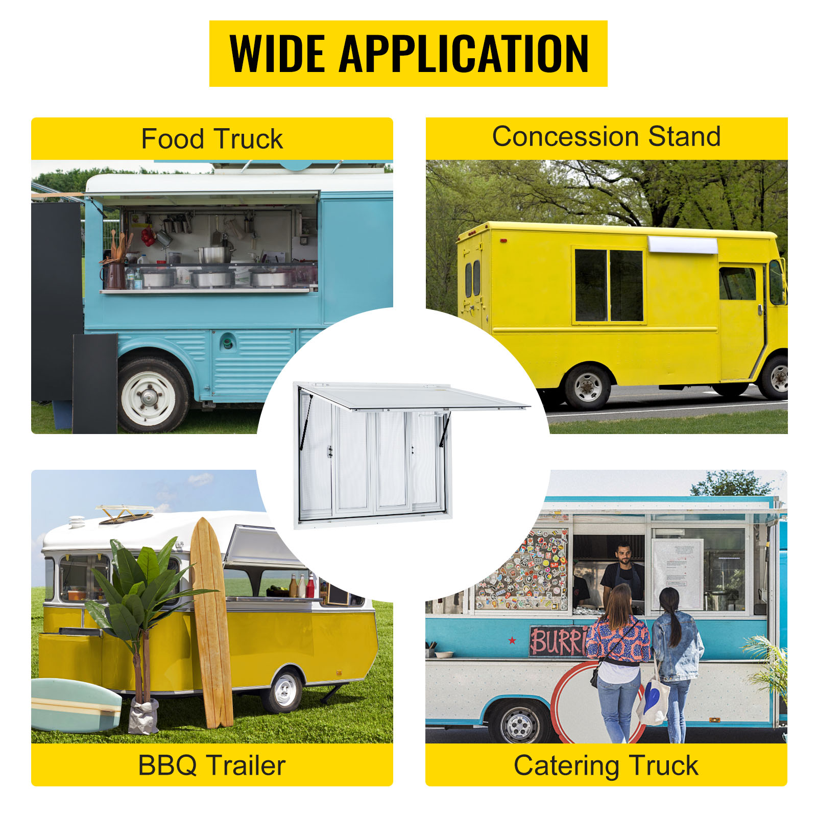 VEVOR Concession Window, 36 x 36 inch, Aluminum Alloy Food Truck Service Window with 4 Horizontal Sliding Screen Windows & Awning Door & Drag Hook, Serving Window for Food Trucks Concession Trailers 