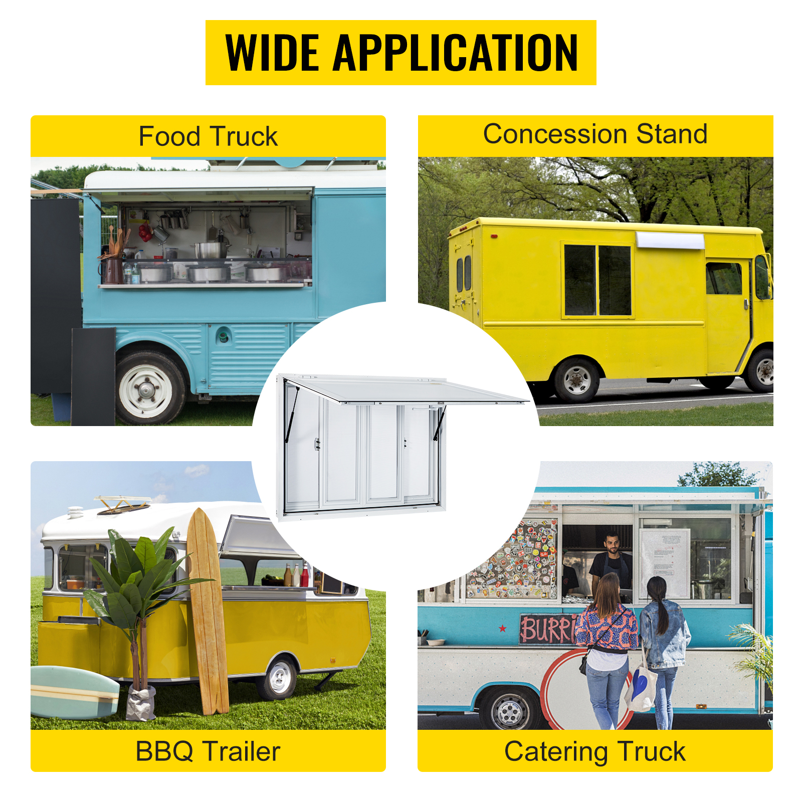 VEVOR Concession Window, 48 x 36 inch, Aluminum Alloy Food Truck Service Window with 4 Horizontal Sliding Screen Windows & Awning Door & Drag Hook, Serving Window for Food Trucks Concession Trailers