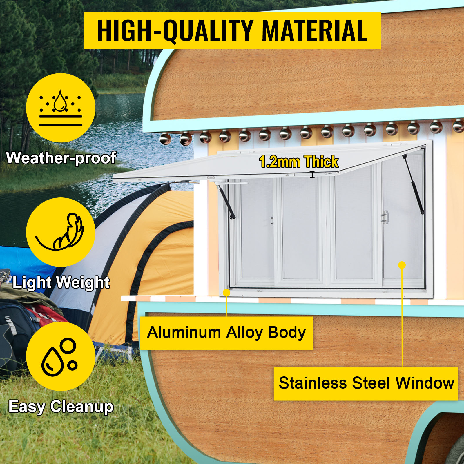 VEVOR Concession Window, 60 x 36 inch, Aluminum Alloy Food Truck Service Window with 4 Horizontal Sliding Screen Windows & Awning Door & Drag Hook, Serving Window for Food Trucks Concession Trailers 