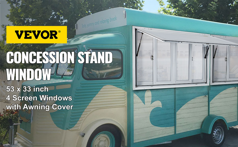 VEVOR Concession Window, 53 x 33 inch, Aluminum Alloy Food Truck Service Window with 4 Horizontal Sliding Screen Windows & Awning Door & Drag Hook, Serving Window for Food Trucks Concession Trailers 