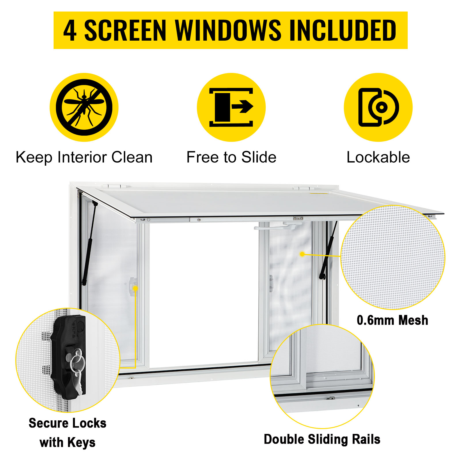 VEVOR Concession Window, 53 x 33 inch, Aluminum Alloy Food Truck Service Window with 4 Horizontal Sliding Screen Windows & Awning Door & Drag Hook, Serving Window for Food Trucks Concession Trailers 