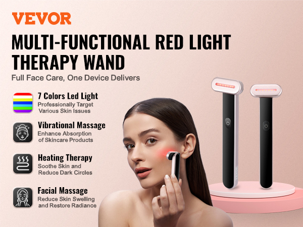 VEVOR Red Light Therapy Wand for Face, 7-Color LED Facial Wand Red ...