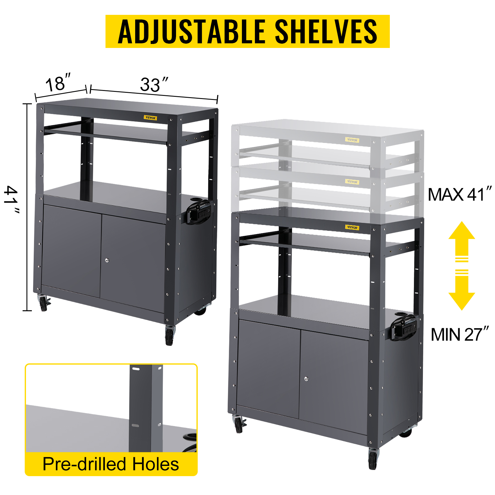 VEVOR AV Cart, 2741" Height Media Cart with Power Strip, 33 x 18