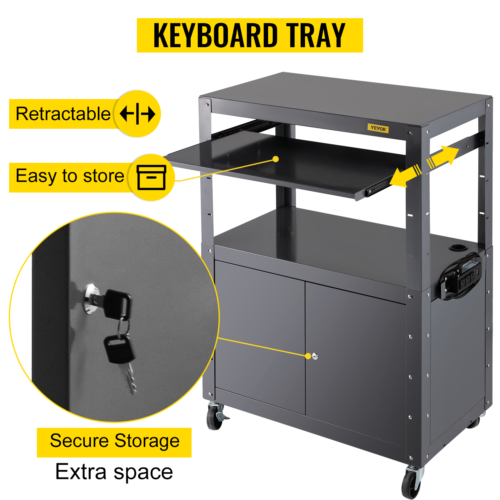 VEVOR AV Cart, 2741" Height Media Cart with Power Strip, 33 x 18
