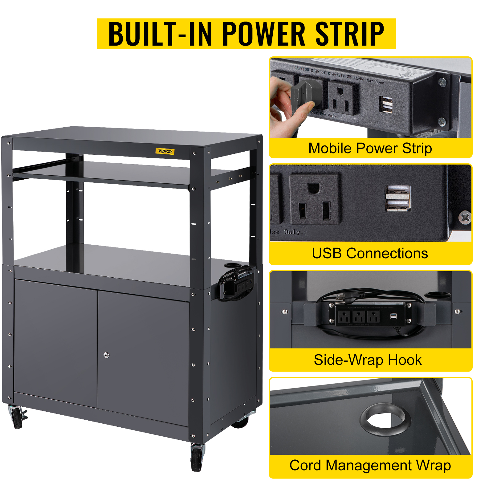 VEVOR AV Cart, 2741" Height Media Cart with Power Strip, 33 x 18" Presentation Cart with