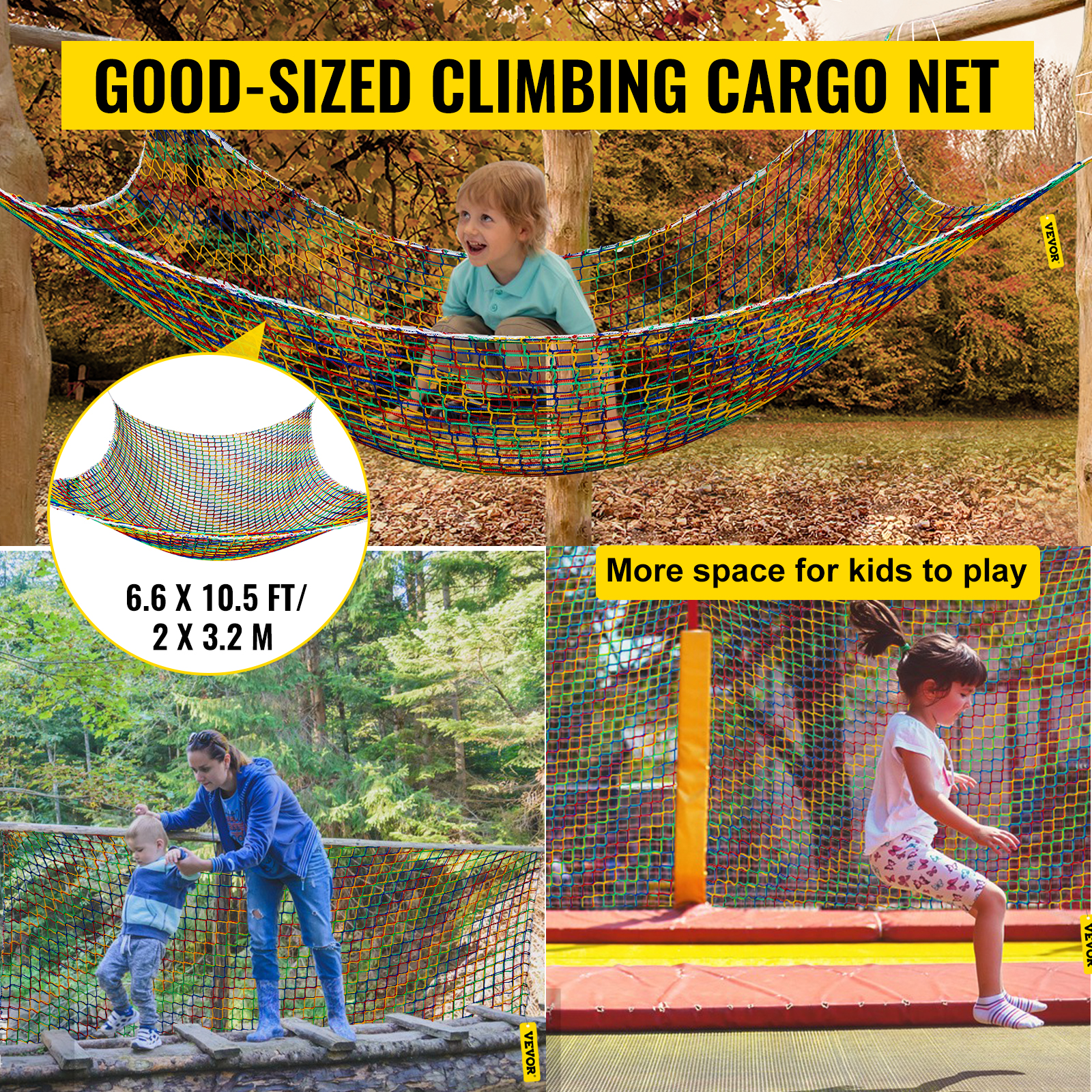 VEVOR Climbing Cargo Net, 6.6 x 10.5 ft Playground Climbing Cargo Net,  Polyester Double Layers Cargo Net Climbing Outdoor with 500lbs Weight  Capacity