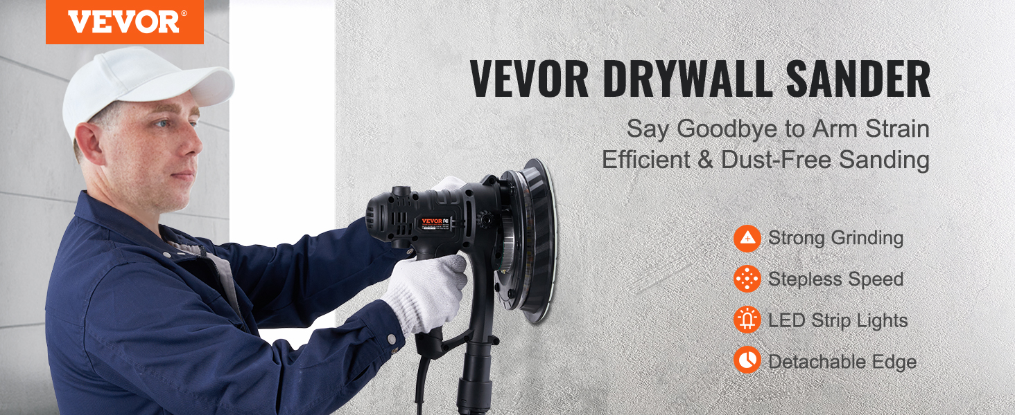 VEVOR Drywall Sander 800W Brush Motor 1200-2300RPM Variable Speed & Auto Vacuum