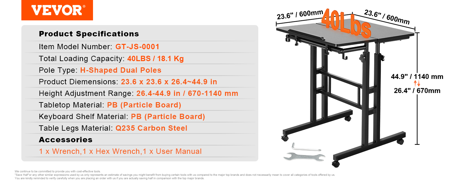 VEVOR 26.4"-44.9" Gas-Spring Height Adjustable Sit-Stand Desk with 360° Swivel Wheels Home Office Rolling Laptop Table Tiltable 12