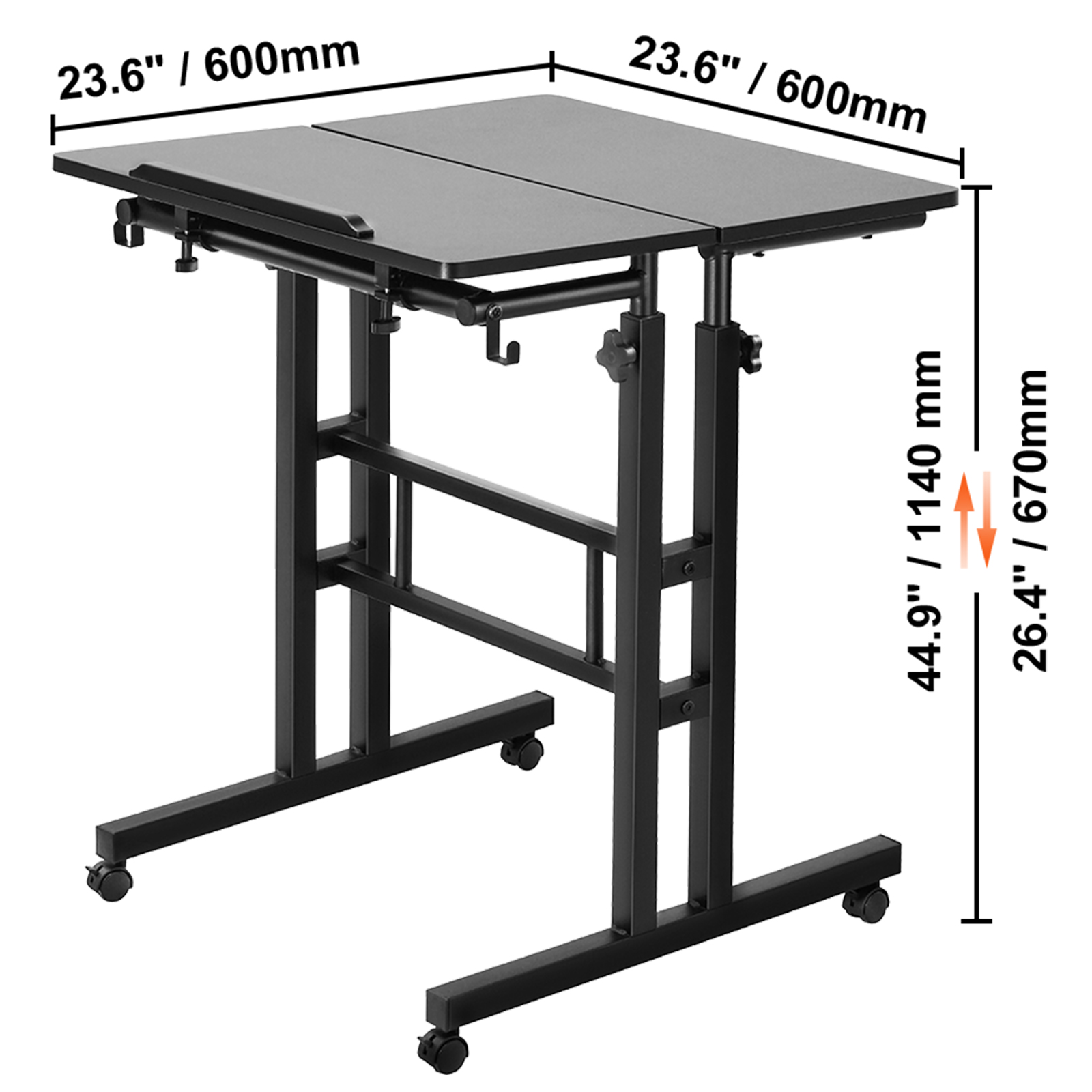 ERGOMAKER Scrivania Mobile Regolabile Con Ruote - 65x45 Cm - Altezza 73-113 Cm Con Gancio