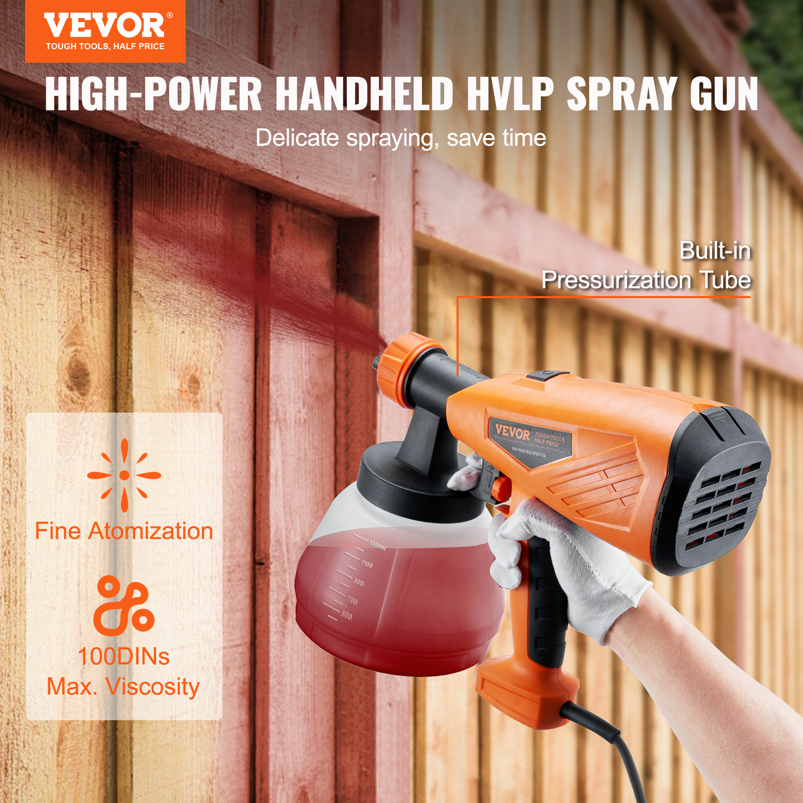 VEVOR Paint Sprayer HVLP Spray Gun 1300ml Container 3 Spray Patterns 4/5 Nozzles