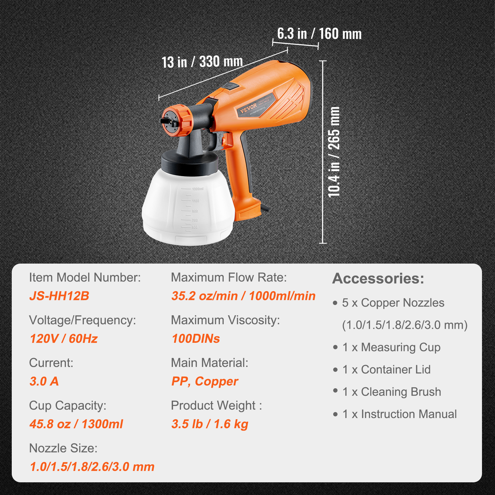 VEVOR Paint Sprayer HVLP Spray Gun 1300ml Container 3 Spray Patterns 4/5 Nozzles